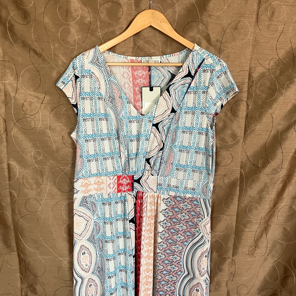 Dana Buchman Boho Maxi Dress Cream Multi Color Geometric Print Flowy Size L NWOT - Picture 2 of 14